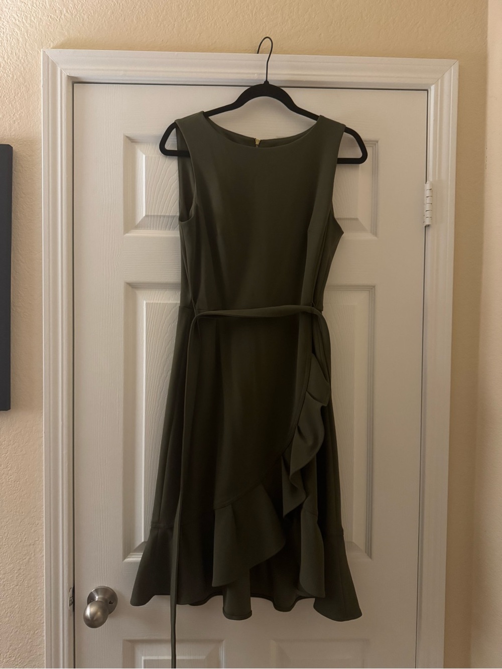 Calvin Klein Olive Green Ruffle Wrap-Style Midi Dress